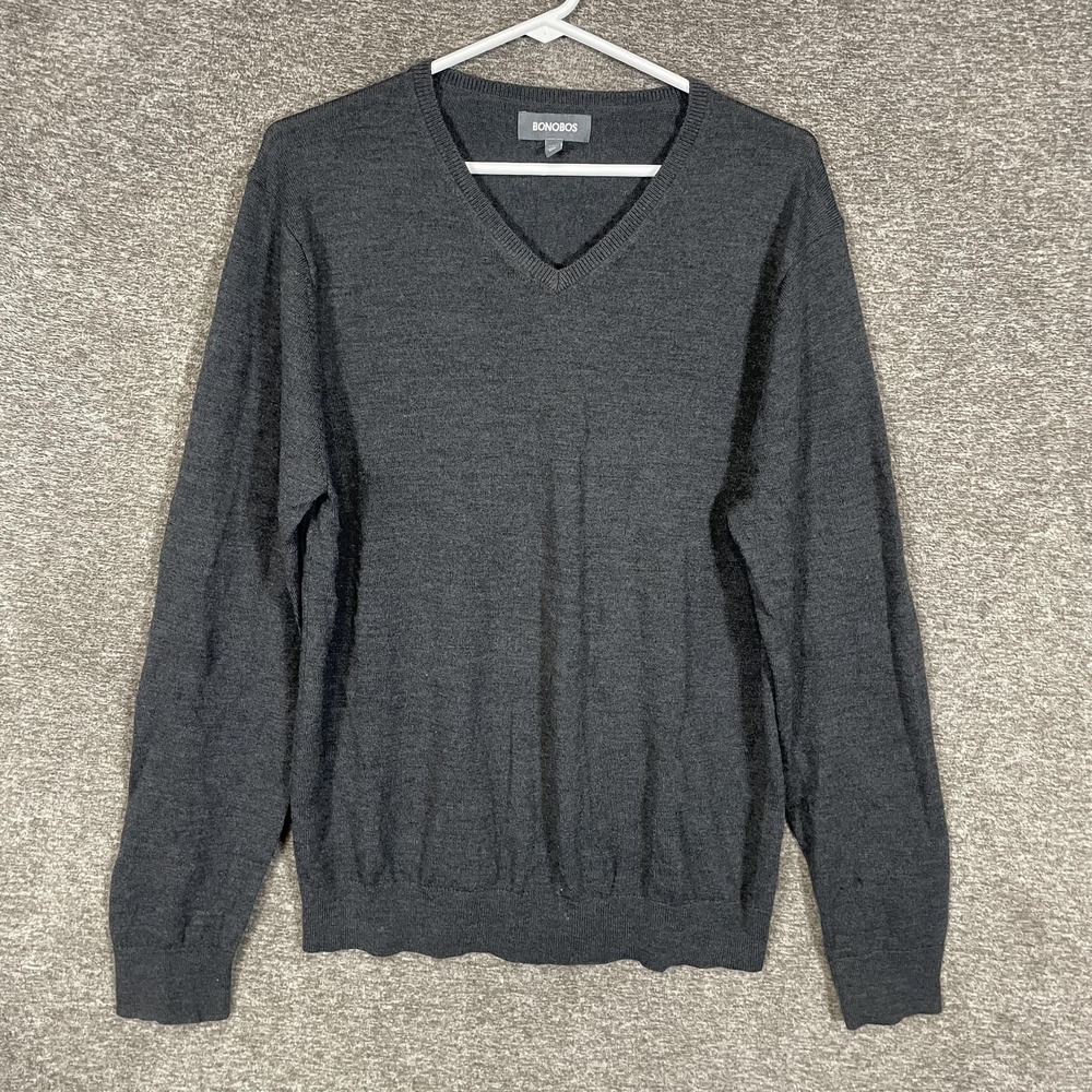 Bonobos Sweater Mens Large Gray 100% Merino‎ Wool V Neck Knit Pullover Slim Fit